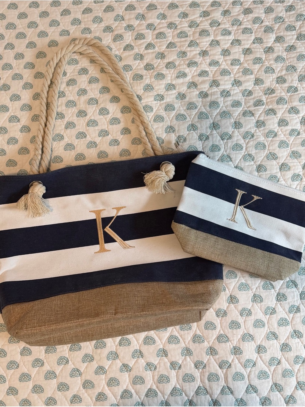 Navy and White Striped Tote with Matching Pouch - Monogram K